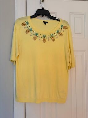 Talbots Yellow Crewneck Sweater with Pineapple Embellishments